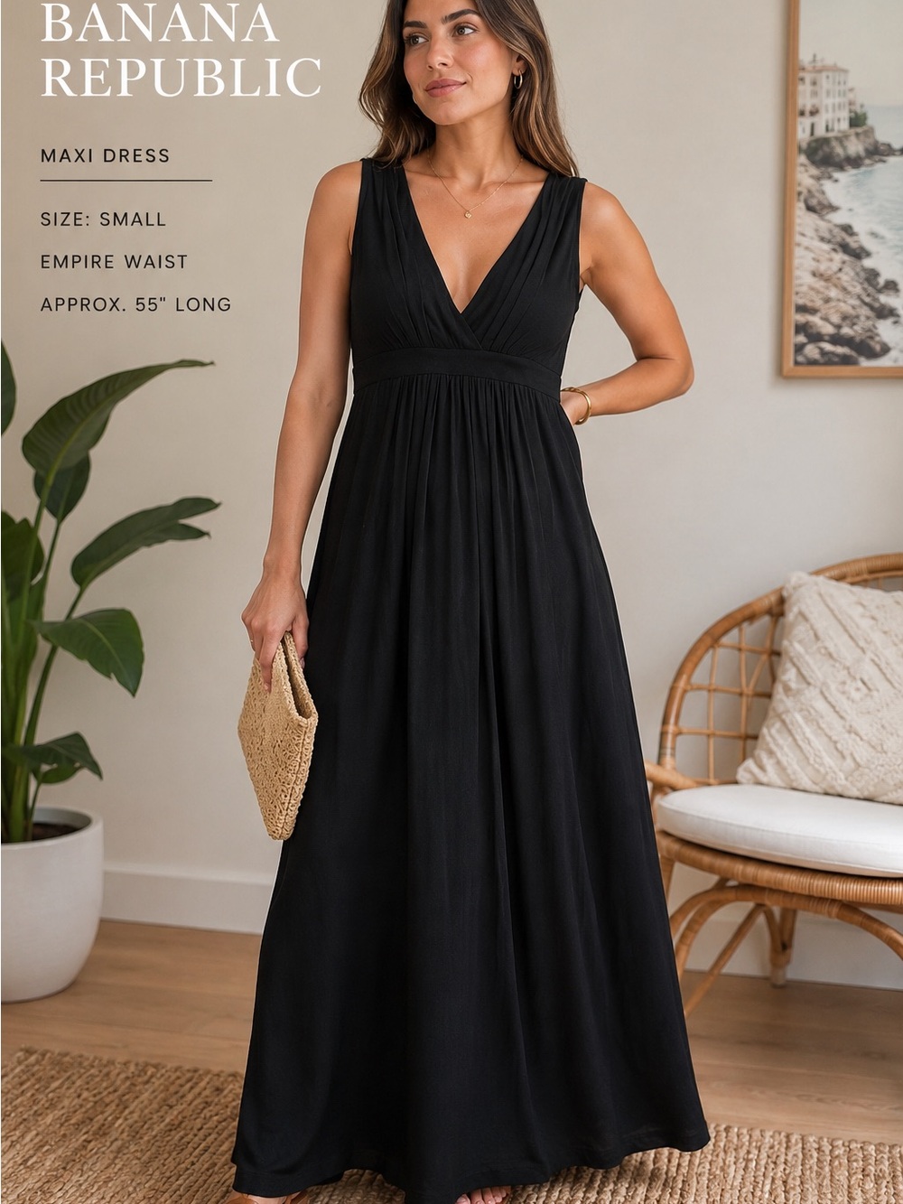 Banana Republic Black V-Neck Empire Waist Maxi Dress Size Small